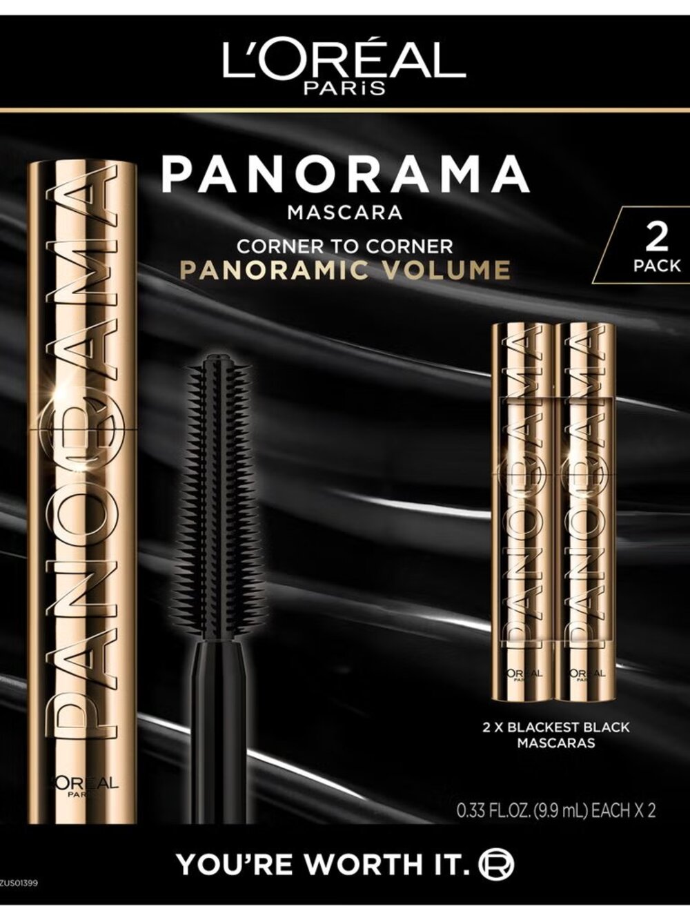 L'Oreal Paris Voluminous Panorama Mascara, Blackest Black, 0.33 fl oz, 2 -pack